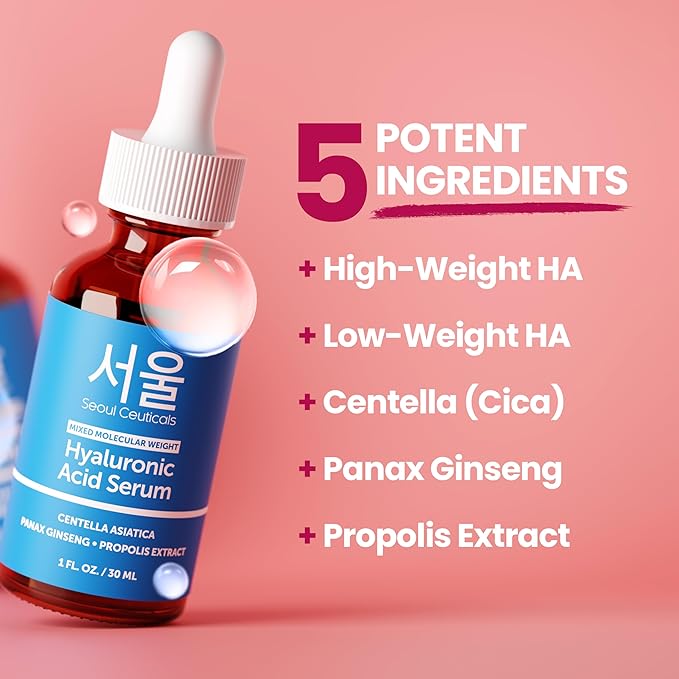 SeoulCeuticals Korean Hyaluronic Acid Serum For Face - High Molecular Weight & Low Molecular Weight Hyaluronic Acid - Centella Serum + Propolis. 1oz