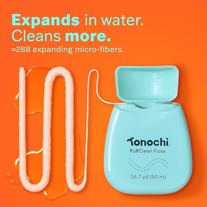 Tonochi PuffClean Expanding Dental Floss, Natural Beeswax Coating — Expands When Wet, Smooth Glide, Gentle on Gums, Mint + Xylitol Freshness, 3-Pack (55 yd Each)