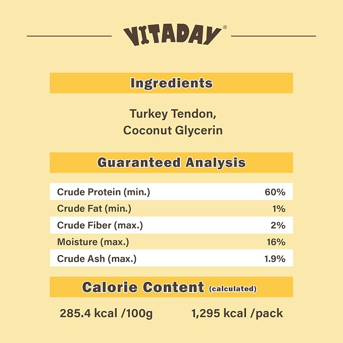 VITADAY All Natural Turkey Tendon Dog Treats, Strips, 1 lb | Long-lasting dog training treats, Rawhide-free made of USA-sourced turkey