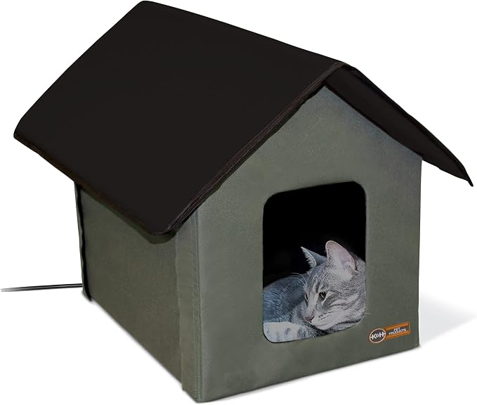 K&H Heated Cat House, Outdoor Kitty Shelter, Safety Listed, Olive/Black | Heated Cat House for Outside, Weatherproof Shelter for Ferals, Insulated with Smart Thermostat, 2 Doors, Waterproof Bed, 20W