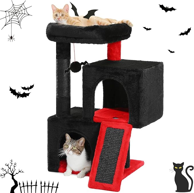 PAWZ Road 30" Cat Tree, Gothic Cat Tower with 2 Condos for Indoor Cats | cat trees for small cats,cat houses with scratching ramp and posts,dual condos&top perch with bat toys