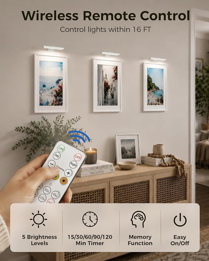 EZVALO Picture Light for Wall, Rechargeable 2400mAh Lights Wireless with IR Remote, 3 Color & Dimmable Magnetic 7.87'' LED Lights Display for Painting, Living Room, Gallery, Bedroom Art(White-2P)