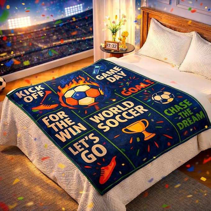 Soccer Throw Blanket, Navy Sports Motivational Blanket, Soft Flannel Soccer Fan Quote Blanket for Couch Bed, Kick Off Goal Football Gift for Men Women Kids