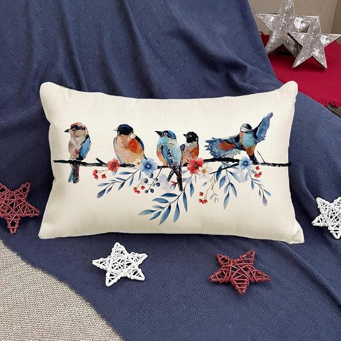 RABUSOFA 4th of July Memorial Day Patriotic Lumbar Throw Pillow Cover,12x20 Inch Red White and Blue Birds Flowers Independence Day American Fourth of July Decoration for Sofa Couch