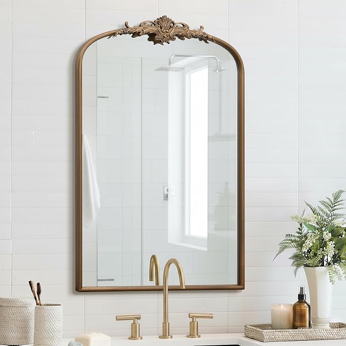 Besdomus Antique Large Wall Mirror: 24"x36" French Brass Gold Vanity Mirror | Vintage Metal Framed Decorative - Baroque Traditional Ornate for Entryway/Bathroom/Bedroom - Ideal for Bathroom Renovations
