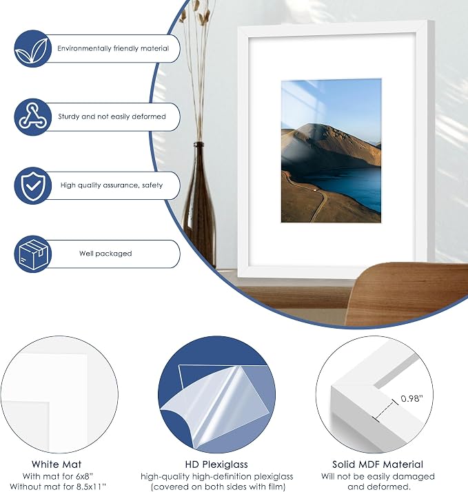 16x20 Picture Frame Set of 6, Wall Mount Display, White | Display Pictures 11x14 with Mat or 16x20 Without Mat, Horizontal or Vertical, Gallery Wall Frame Set, Wedding Birthday Gifts