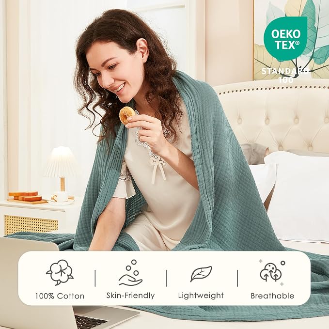 EMME Cotton Muslin King Blanket 4 Layer Ultra Soft Breathable Bed Layering Bedspread Coverlet Breathable Gauze Lightweight (Teal, 108"x90")