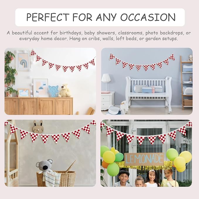 Boys Room Wall Art Decor,Cars Room Decor for Toddler Nursery Playroom, Red and White Checkered Garland Triangle Banners,Racing Flags 11Ft Bunting Flags Fabric for Baby Shower Birthday Party