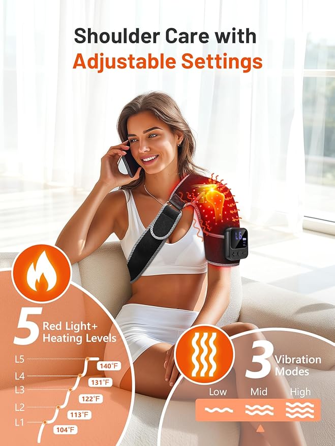 Red Light Therapy for Shoulder with Heat & Massage, 6 Modes 5000mAh Cord-Free Controller Infrared Light with 216 Beads 660nm & 850nm Portable Heated Shoulder Pad, Last 110-240mins