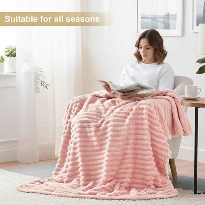 decorUhome Pink Fleece Throw Blanket 50x60 Inches | Soft Couch Cozy Fluffy Plush Flannel Striped Blanket for Sofa Bed, Lightweight Decorative Ribbed Fuzzy Blanket for Woman