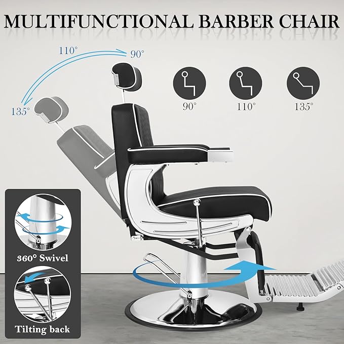 Black Barber Chairs for Barbershop, Hydraulic Salon Chair for Hair Stylist, Recline 360° Swivel Hairdresser Chair, Beauty Salon Spa Tattoo Styling Barbershop Equipment