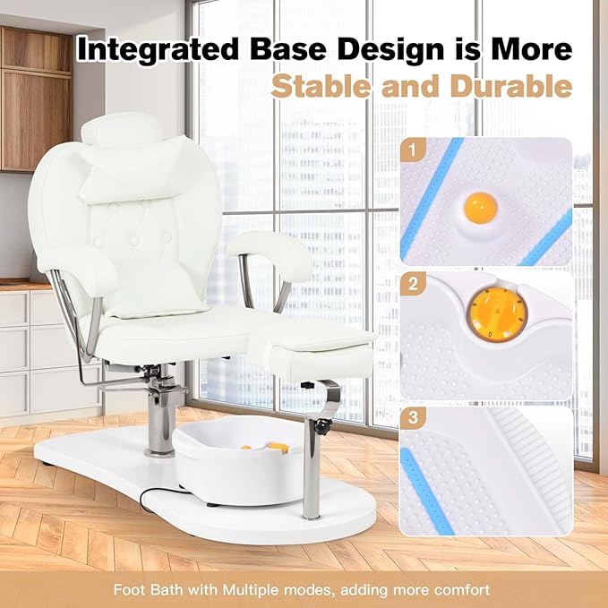 Pedicure Chair No Plumbing with Stool & Foot Bath, 360°Swivel Hydraulic Reclining Pedicure Station with Footrest & Ergonomic Headrest for Nail Tech, Spa, Salon (White)