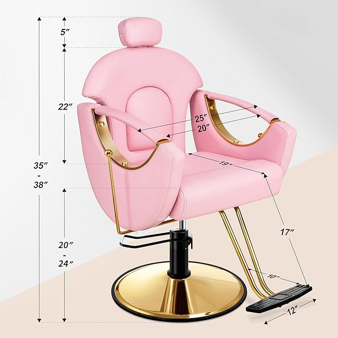 Baasha Ergonomic Reclining Salon Chair with Adjustable & Removable Headrest, Gold & Pink Hydraulic Styling Chair, Soft PU Leather, 135° Recline, 360° Swivel, Heavy-Duty Steel Frame, 330 lbs Capacity