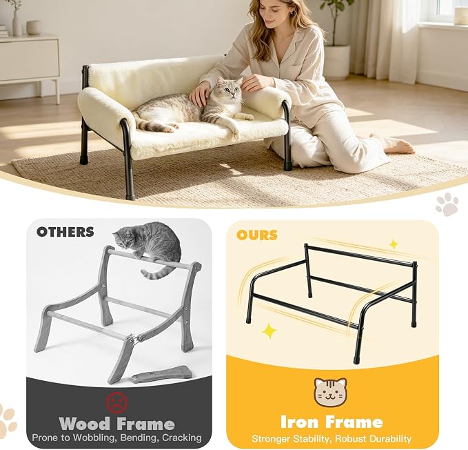 Pawaboo Elevated Cat Couch Bed for Indoor Cats, Sturdy Metal Frame Cat Sofa | Cat Bed Furniture with Removable Washable Cover, Reclined Backrest, Fluffy Raised Pet Sofa Kitten Hammock Chair Home, Beige