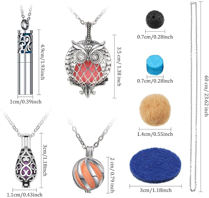 Hicarer 6 Pcs Essential Oil Diffuser Necklace for Women, Aromatherapy Locket Pendant Stainless Steel Scent Necklace with 60 Pieces Refill Pads and Balls for Men Women Jewelry Accessory Birthday Gift