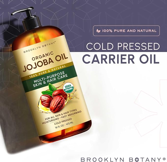 Brooklyn Botany Cold-Pressed Organic Jojoba Oil | 16 Fl Oz | Hair | Face | Body | 100% Pure and Natural | Carrier Oil | Aromatherapy | Massage | Ayurvedic Hair Care | Hexane-Free