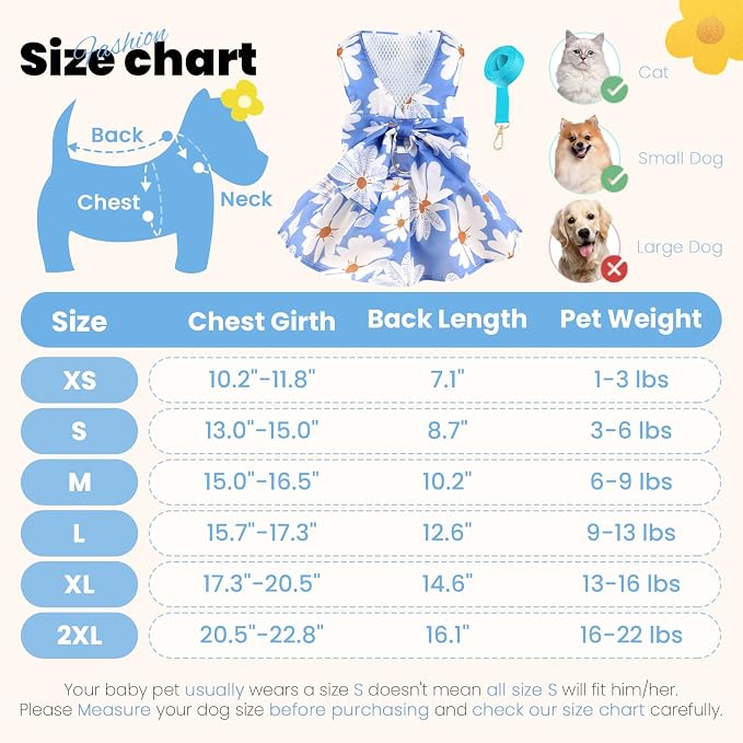 ABRRLO Cute Dog Dress Small Dog Clothes For Girls Female Puppy Outfits Blue Daisy Pet Summer Clothes Bowknot Doggy Cat Princess Dress Harness Set for Holiday Birthday Party Costume Clothing (Blue,XXL)