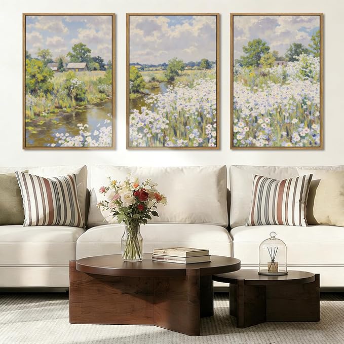 BINCUE Framed Wildflower Wall Art Rustic Floral Wall Decor Vintage Landscape Artwork for Living Room Bedroom Bathroom 16x24 Inches Set of 3