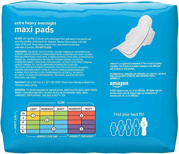 Amazon Basics Thick Maxi Pads with Wings for Periods, Extra Heavy Overnight Absorbency, Absorbent Core, Stay in Place Protection, Unscented, Size 5, 20 Count (Previously Solimo)