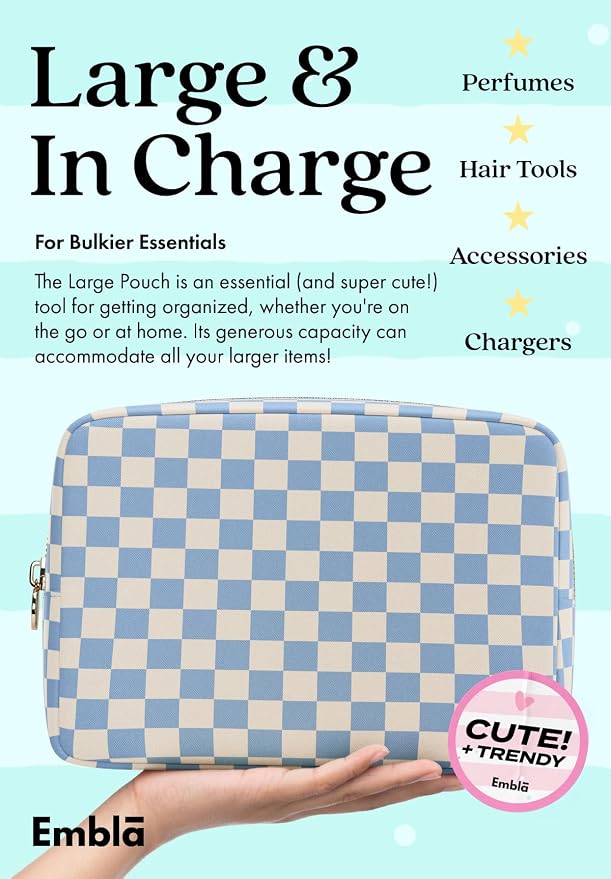 Embla Makeup Bag Travel Cosmetics Pouch and Toiletry Bag, Nylon Zipper Pouch Purse, Cute Make Up Organizer Storage Tote for Women Girls,Travel Skincare Case, Large Makeup Case, Sky Checkered