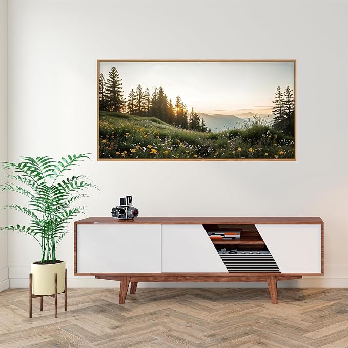 FWIEXA Green Forest Mountain Framed Canvas Wall Art Set, Wildflower Meadow Wall Decor, Floral Pictures Artwork, Nature Sunset Landscape Art Prints for Living Room, Bedroom, Office - Size 20"x40"