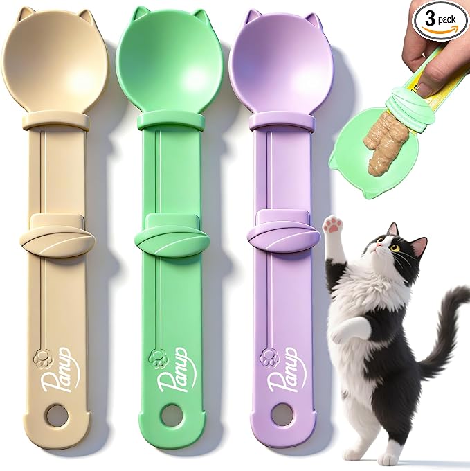 3 Pack Cat Treat Dispenser Spoon - Squeeze Cat Strip Feeder for Lickable Treats and Puree, Ergonomic Cat Treat Squeeze Spoon for Liquid Snacks & Wet Food, Mess-Free Pet Feeding Tool (Cat Round Style)