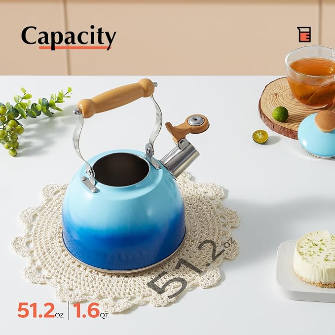 ROCKURWOK Tea Kettle, Tea Pot with Cool Touch Ergonomic Handle, Teapot Food Grade Stainless Steel, Tea Kettle Stovetop, Kettle Teapot, Whistling Tea Kettle, Small Tea Pot, 1.6 Quart (Blue)