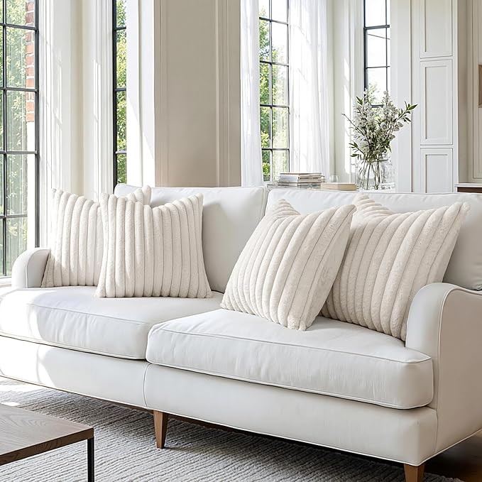 MIULEE Faux Fur Plush Decorative Throw Pillow Covers 20x20, Pure White | Set of 4, Striped, Soft Modern Cozy Home Decor, Cushion Cases for Sofa Couch Bed Living Room