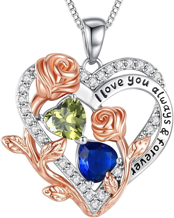 I Love You Birthstone Necklace, 925 Sterling Silver Heart Pendant with CZ Diamond Stones, Birthday Gifts for Women, Romantic Gift for Wife, Girlfriend, Her, Anniversary, Valentine's Day, Christmas
