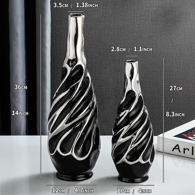 Yundu Black with Silver Vase Set of 2 - Pampas Grass Vase, Ceramic Vases Ideal for Living Room, Shelf, Coffee, Home Decor. Boho & Modern Centerpieces Flowers Vases