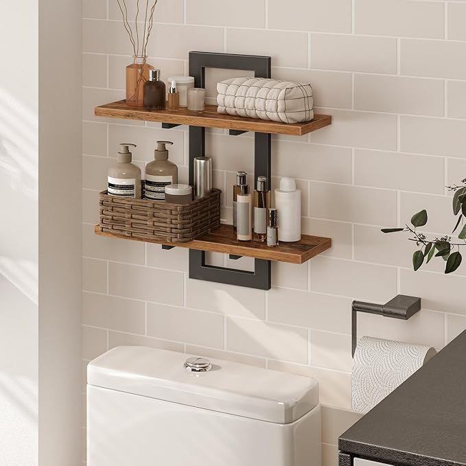 HOOBRO Floating Shelves for Wall, 15" Wall Shelf Set of 2, Wall Mounted Storage Shelves 2-Tier, Hanging Bathroom Shelves, for Living Room, Bedroom, Bathroom, Kitchen, Rustic Brown and Black BF32BJ01G1