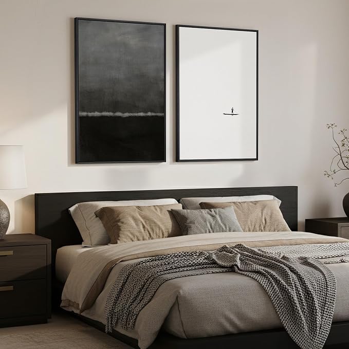 Large Framed Black and White Abstract Wall Art for Living Room, Set of 2 Modern Minimalist Canvas Prints Artwork for Walls, Seascape Pictures for Bedroom Dining Room Hallway Office Wall Decor 24x36 In