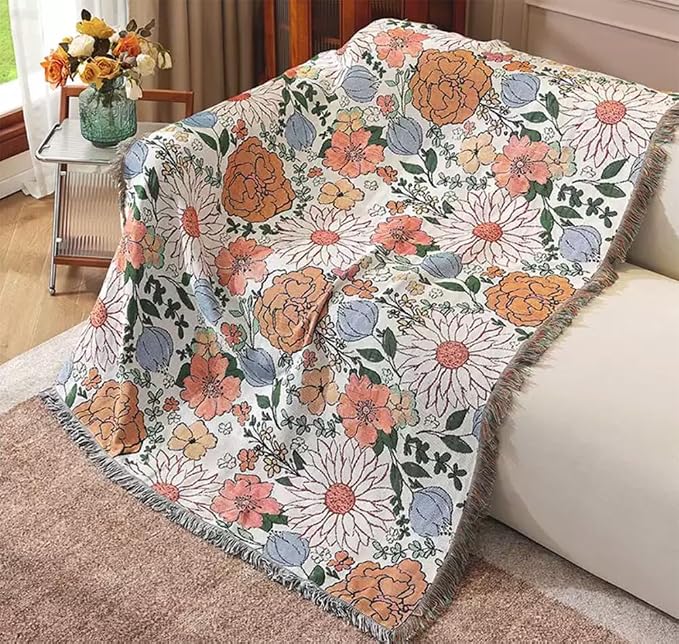 Homesy Boho Floral American Pastoral Southwest Throw Blanket 51"x63" | Southwest Decor,Modern Flower,Sofa Chair Cover,Outdoor Beach Car Tent Travel Camping Use,Tapestry,Reversible and Tassels