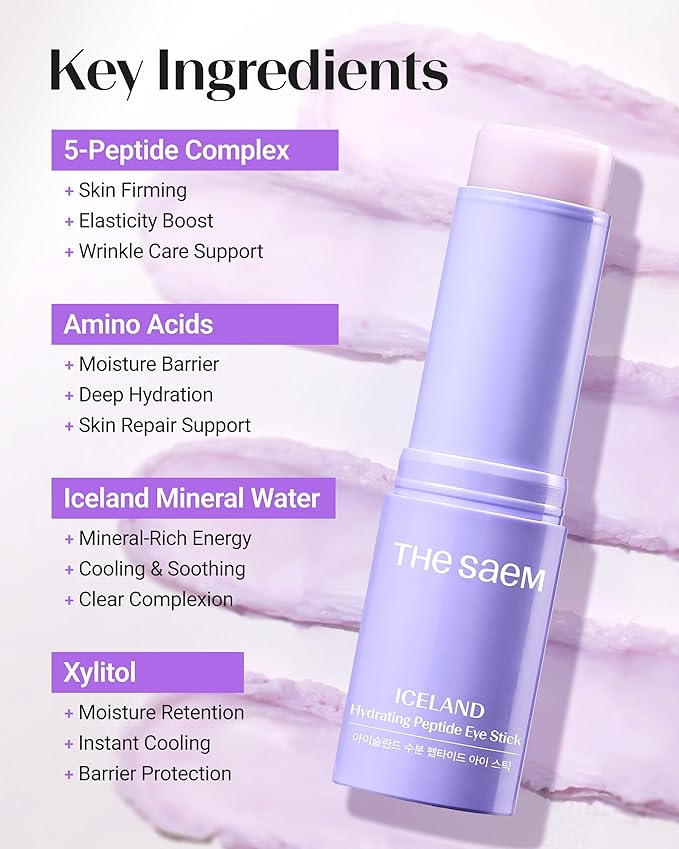 THESAEM Iceland Hydrating Peptide Eye Stick with Cute Bear Keyring Set - 5-Peptides Cooling Balm for Loose Skin – Under Eye Treatment with Glacier Water - Portable K-Beauty Charm, Daisy Scent, 0.38oz