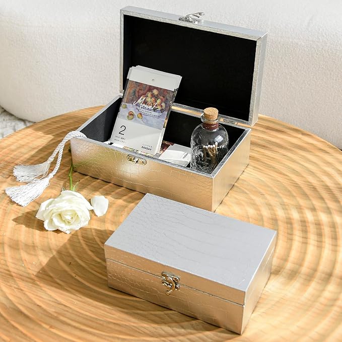 Set of 2 Wooden Decorative Nesting Storage Boxes, Silver Crocodile Leather with Clasp for Home Kitchen Living Room, Ideal Gift for Wedding Memories Jewelry Trinket