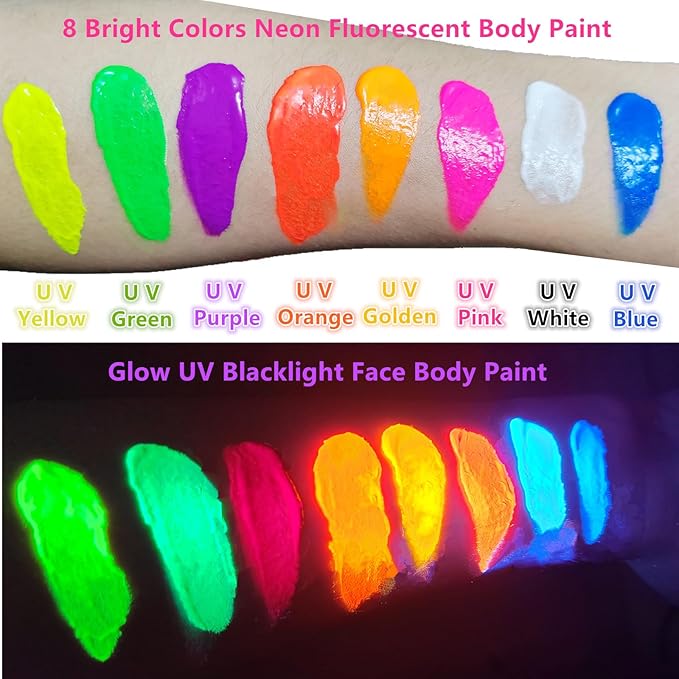 Go Ho UV Blacklight Neon White Face Body Paint,Water Based Bright Color Neon Fluorescent Body Paint with Cushion Applicator,Glow In The Dark Under UV Lighting Party Halloween Makeup Washable