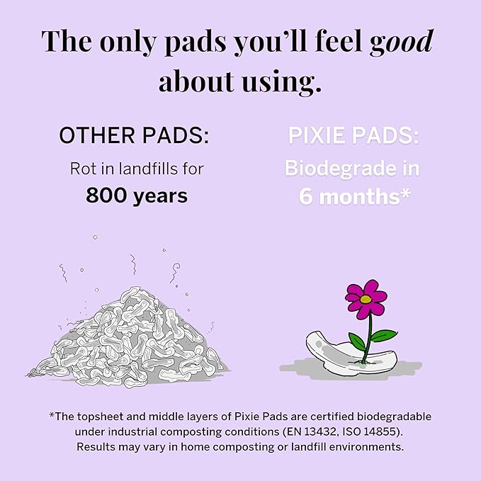 Pixie Organic Cotton Ultra Thin Pads with Wings for Women - Leak-Proof & Moisture-Wicking for Feminine Care - Compostable, Unscented Menstrual Pads - Regular Absorbency - FSA Eligible - 48 Count