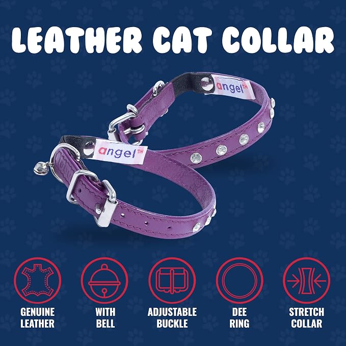 Athens Cat Collar, Leather Kitten Collar w/Rhinestones, Sturdy Breakaway Cat Collar with Bell & Elastic Stretch, Cat Accessories, Orchid Purple, 12 x ½ inches - Angel Pet Supplies
