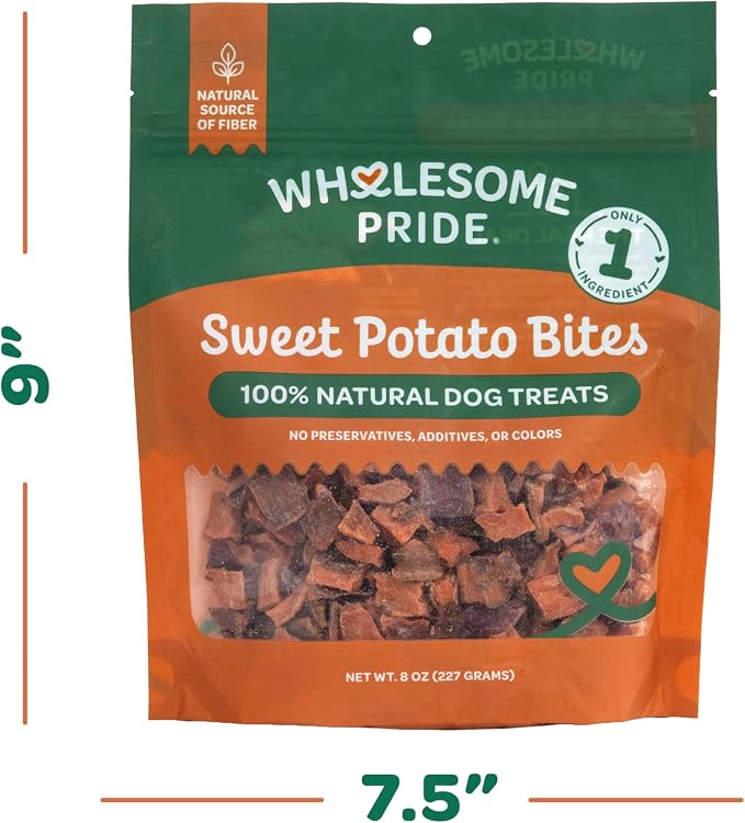 Wholesome Pride Sweet Potato Bites Healthy Dog Treats, 1 Ingredient, 8 oz | No Preservatives, 100% Sweet Potato, Gently Dehydrated, Supports Digestion, No Grain or Gluten, Training & Snacking