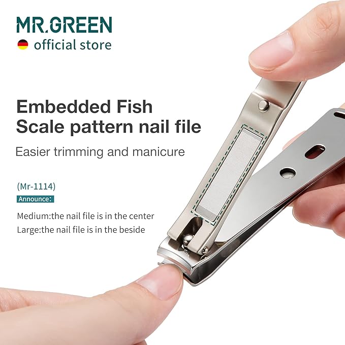 MR.GREEN Nail Clippers Curved Blades Fingernail Cutter Nippers Manicure Scissors Stainless Steel Pedicure Tools with Nail Flies (Medium-Blue+Glass File)