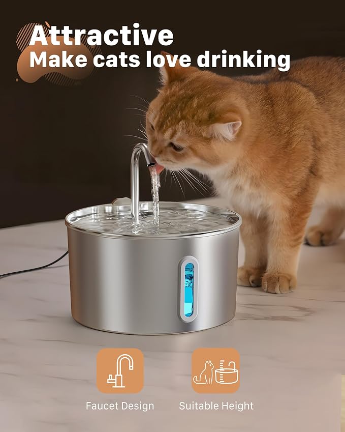 Cat Water Fountain Stainless Steel: 108oz/3.2L Cat Fountain for Drinking | Automatic Pet Supplies for Home Cat Inside, Metal Small Dog Water Dispenser Kitty Spout, Water Level Window, Ultra Quiet Pump
