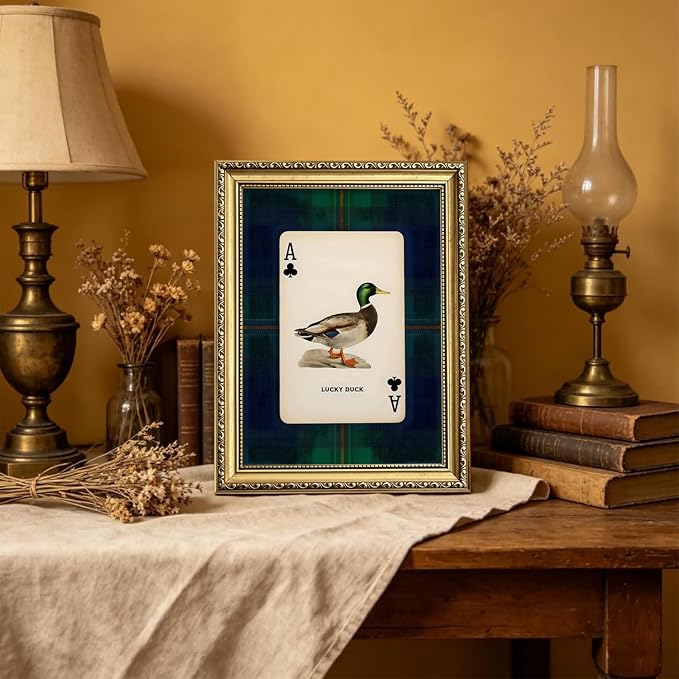 Gold Framed Vintage Mallard Duck Wall Art, Hunting Lucky Duck Wall Decor Picture Dark Wildlife Playing Card Canvas Print Painting for Farmhouse Bedroom Living Room 8x10 inch
