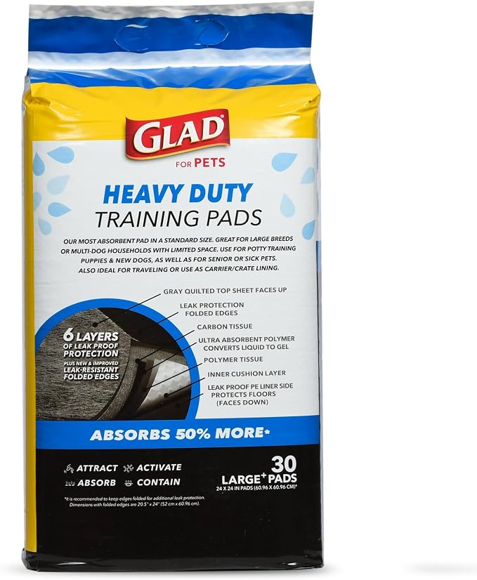 Glad for Pets XL Charcoal Training Pads, Heavy Duty, 24x24 in, 30 Ct, 8-Pk | Quick-dry quilted top and leak-resistant layers for indoor potty use and crate liners, 24 x 24 in