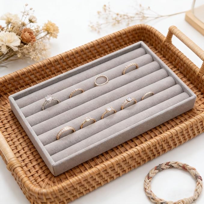 Velvet Jewelry Organizer Tray, Gray 8 Rolls | Stackable Jewelry Holder Storage Display Tray for Drawer or Dresser Organizer