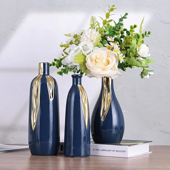 Blue and Gold Vase Set of 3, Modern Ceramic Decorative Vases for Living Room, Bedroom, Art Decor, Mantle, Home Event Decor, Office Decorative, Weddings, Rustic & Farmhouse (Blue Gold)