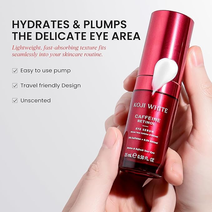 Koji White 3% Caffeine Eye Serum with 0.2% Retinol, Peptides, Hyaluronic Acid & Vitamin C for Puffiness & Dark Circles - Unscented, Vegan, Fragrance-Free 15 ML (0.50 Fl Oz)