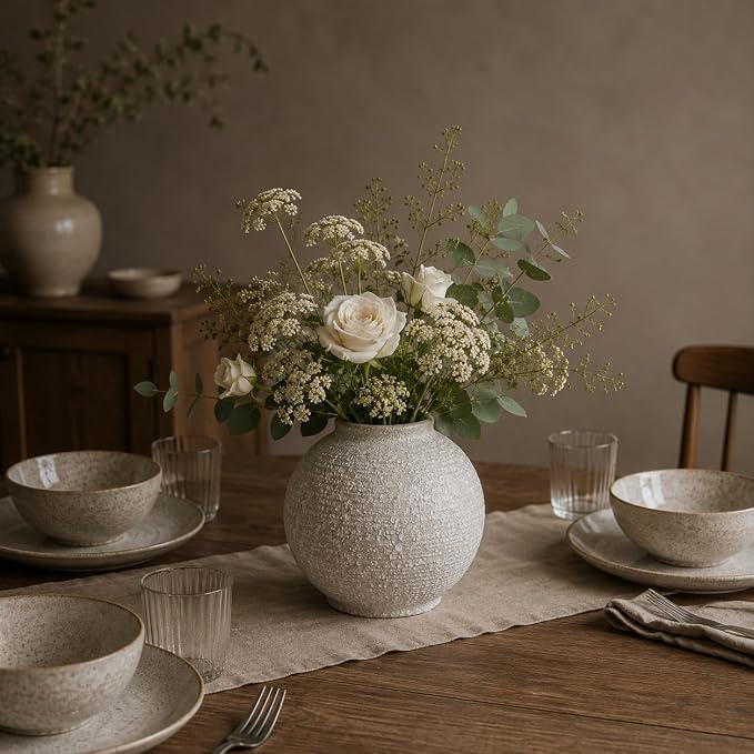 Ceramic Flower Vase, 5.5 Inch Round Textured Vase for Home Decor | Handmade ceramic vase with unique textured design, perfect for living room shelves, tables, centerpieces and farmhouse decor.