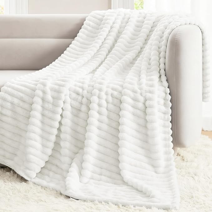 Off White Throw Blanket for Couch & Bed, 50 x 60 Inch | 300GSM Ribbed Fleece Blanket, Soft, Cozy & Lightweight, OEKO-TEX Certified, All-Season Use for Travel, Dorm & Home Decor