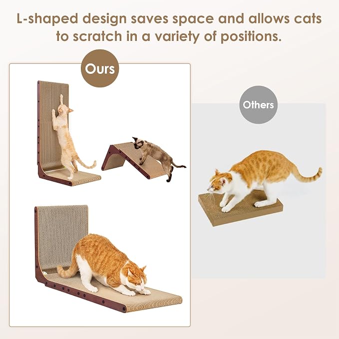 EHEYCIGA Cardboard Cat Scratcher for Indoor Cats, 26.8 Inch, Dark Brown | L Shaped Scratching Post, Vertical Cat Scratching Board with Ball Cat Toy, Furniture Protector, Large Cat Scratch Pad