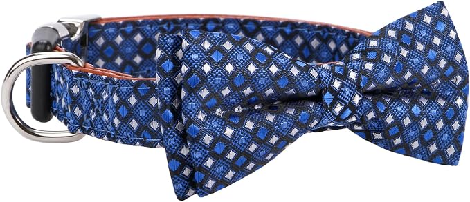 Bowtie Dog Collar Argyle Dark Blue Bow Tie for Boy Girl Dogs Large